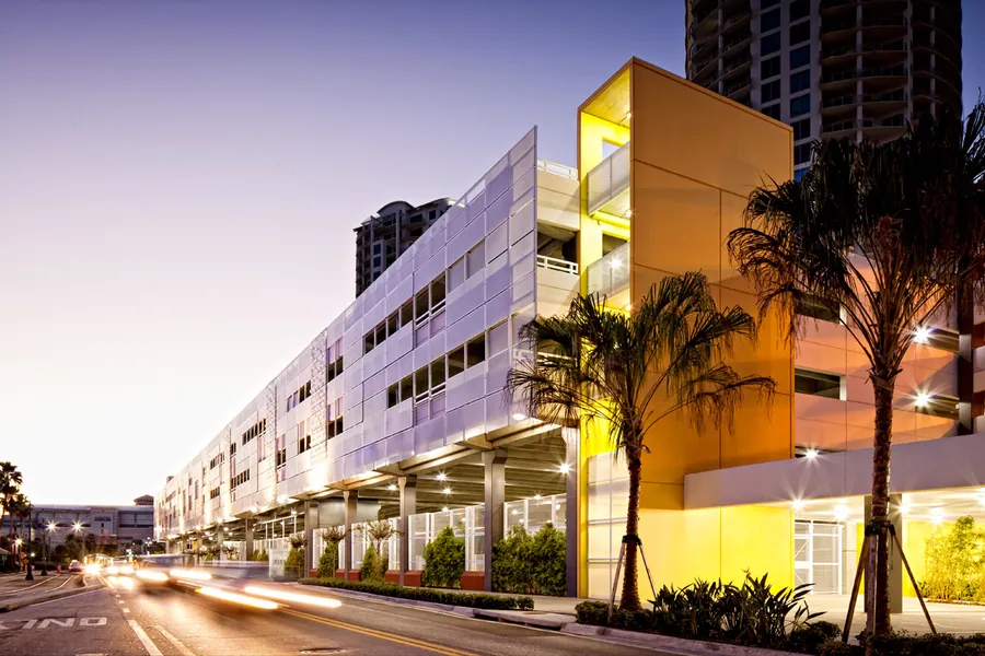 Tampa Port Authority Garage illuminated at dusk