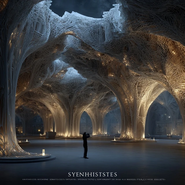 Celestial Root Hall. AI-generated speculative design study.