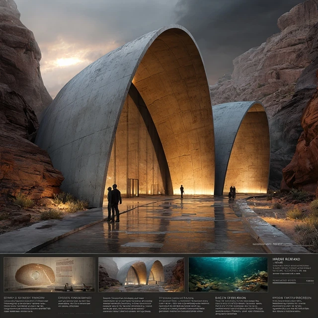 Desert Shell Pavilion. AI-generated speculative design study.