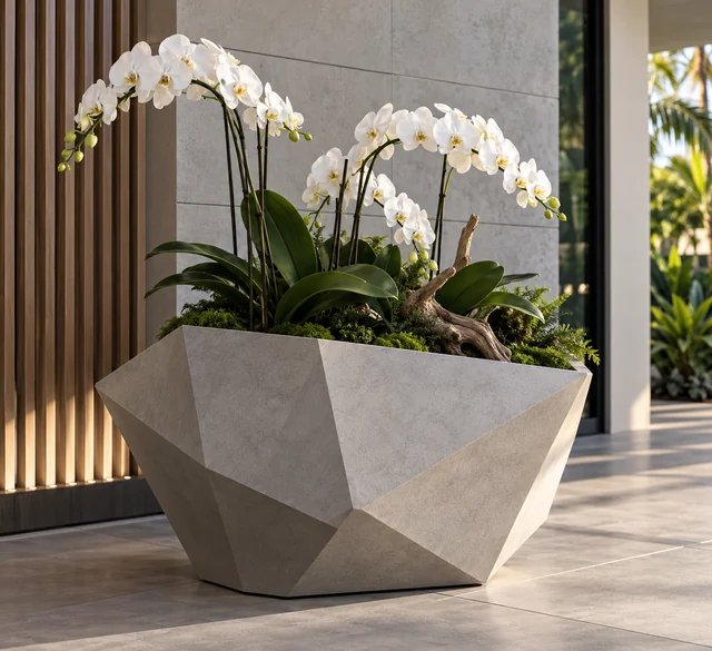Faceted stone orchid planter. AI-generated speculative design study.