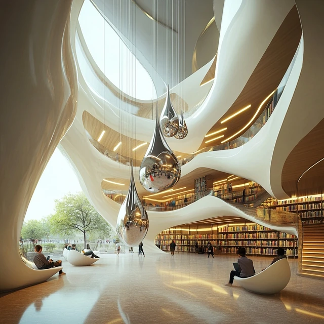 Fluid Canopy Library. AI-generated speculative design study.