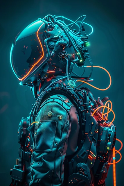 Neon Exosuit. AI-generated speculative design study.