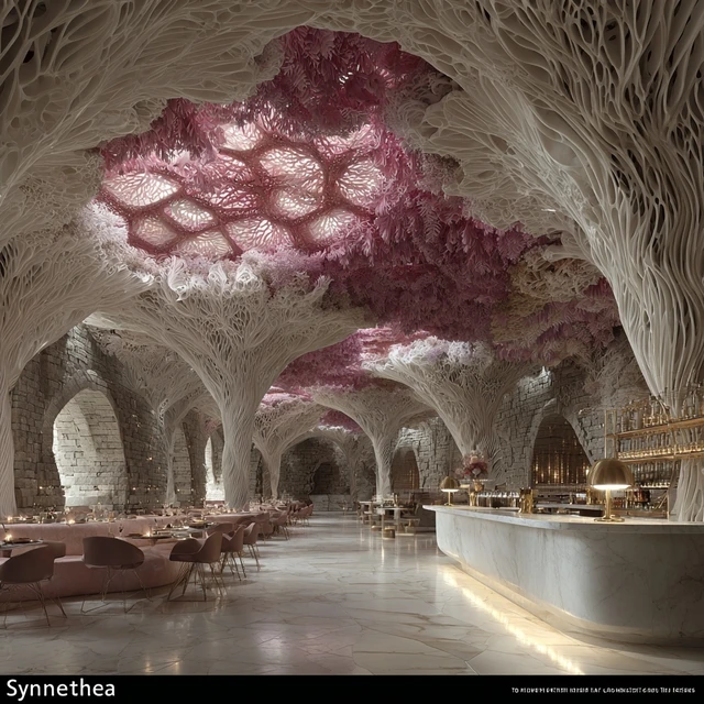 Rose Canopy Dining Hall. AI-generated speculative design study.