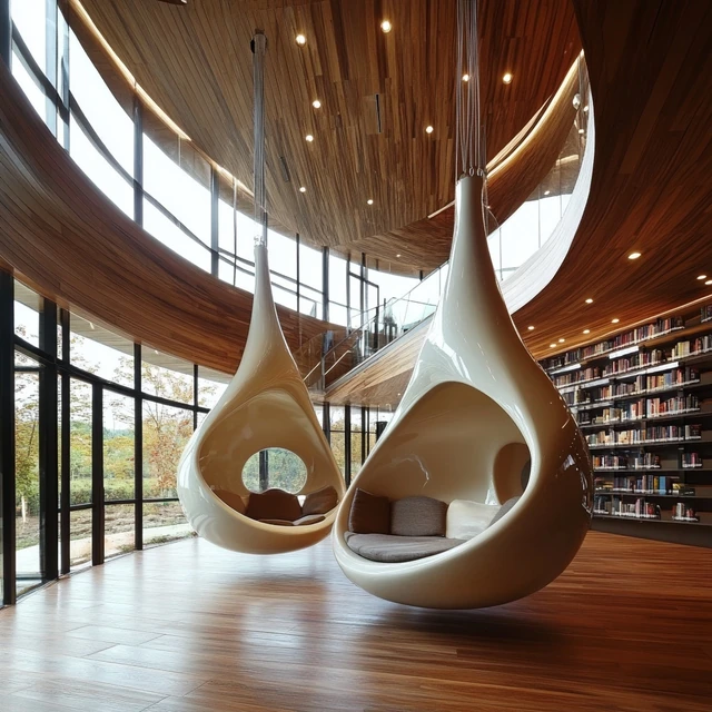 Suspended Reading Pods. AI-generated speculative design study.