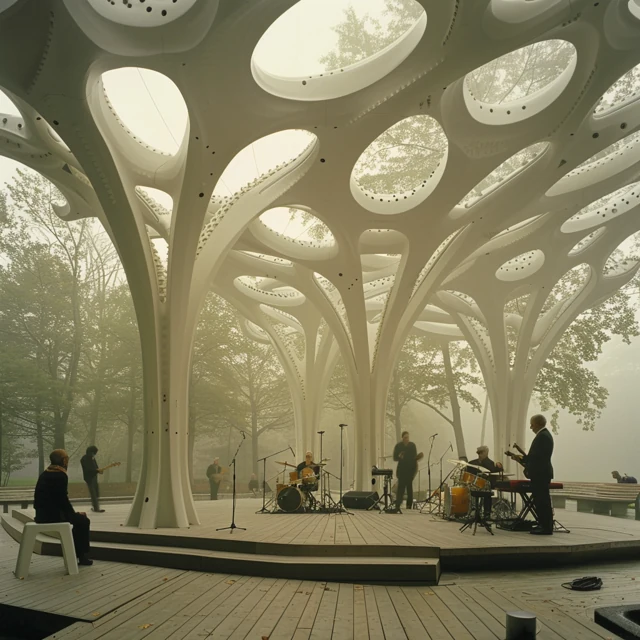 AI-generated pale branching canopy with oval skylights above an outdoor performance platform. AI-generated speculative study.