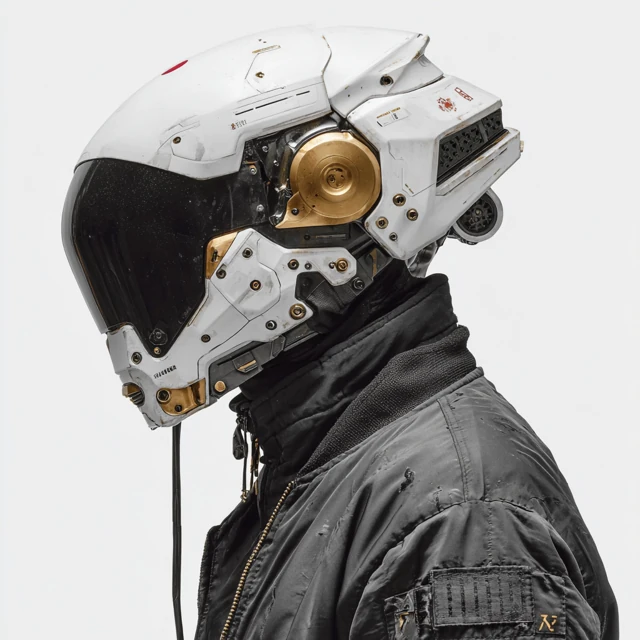 AI-generated white futuristic helmet with a dark visor and circular brass-coloured hinge, shown in side profile. AI-generated speculative study.