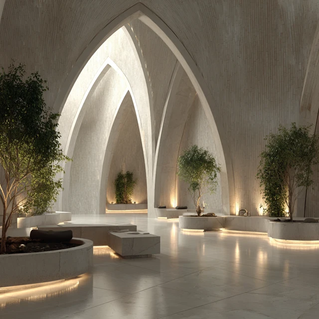 AI-generated pale stone interior with nested pointed arches, trees in low planters and softly illuminated seating. AI-generated speculative study.