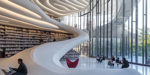 AI-generated library atrium with a sweeping white ribbon form, curved bookshelves and a tall glazed facade. AI-generated speculative study.