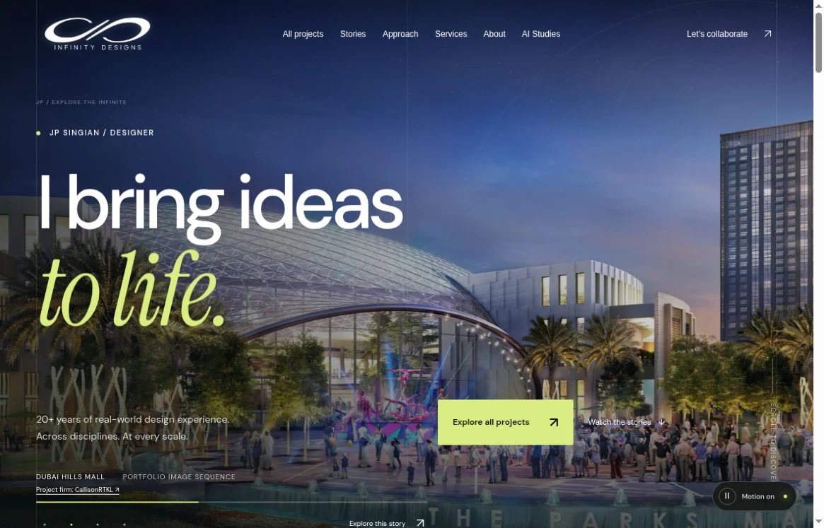 Redesigned JP Infinity homepage with cinematic imagery, a clear design statement and project-story navigation