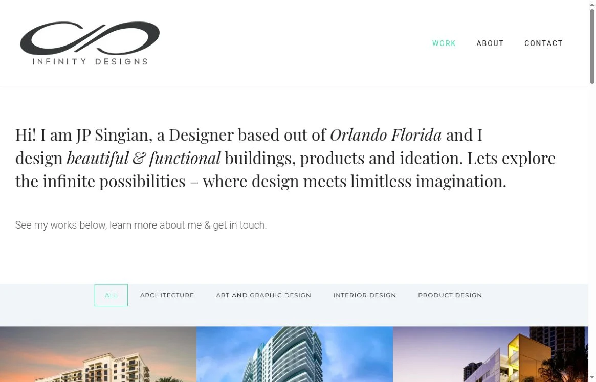 Original JP Infinity homepage with introductory text and a traditional project gallery